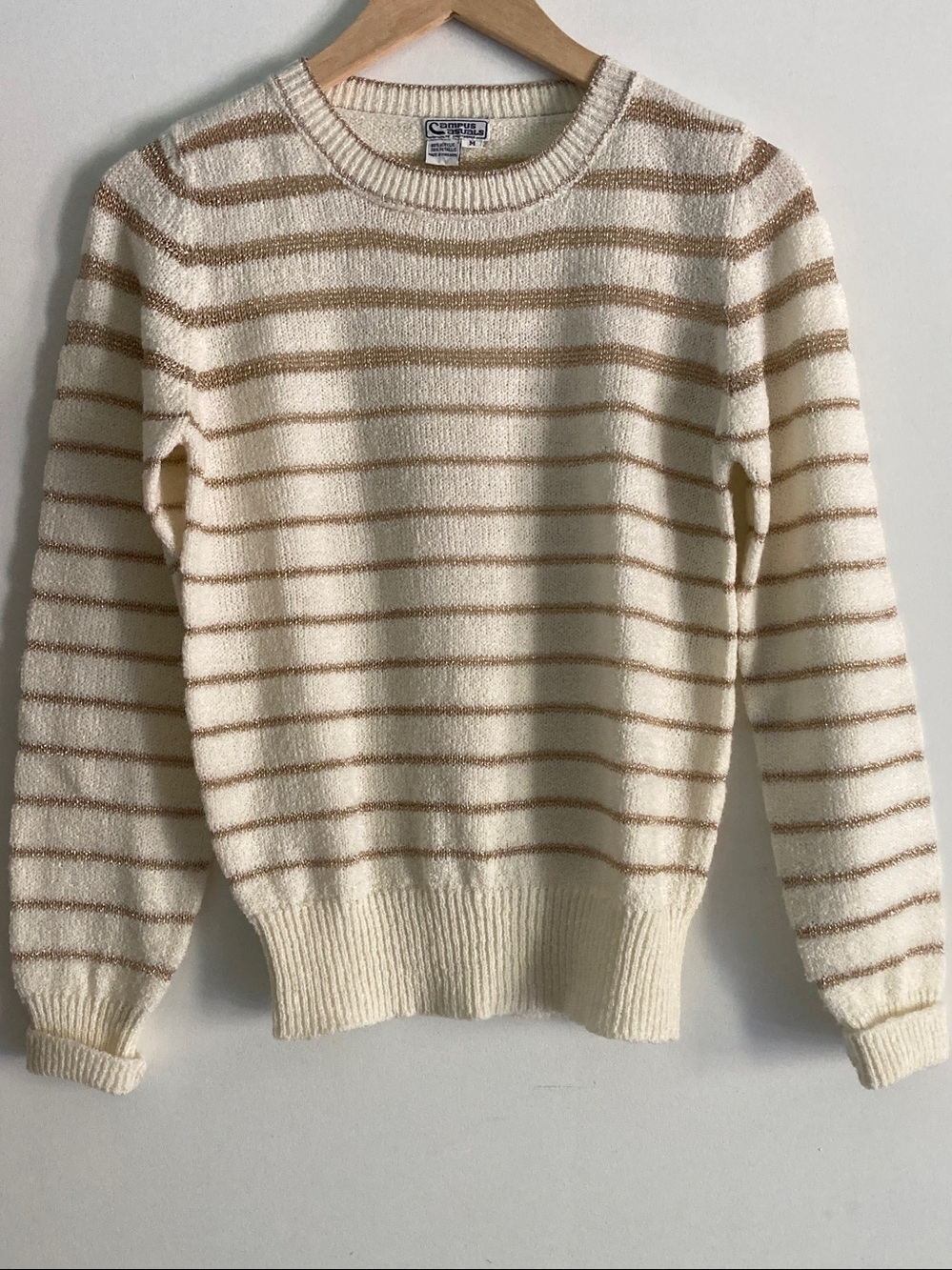 Vintage 70s Campus Casuals Size M / S Metallic Gold & Cream Stripe Knit Sweater